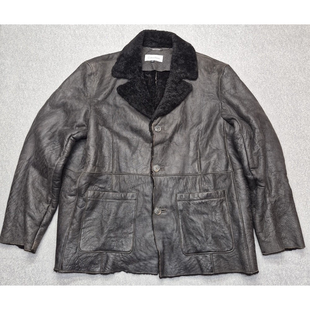 Vintage Calvin Klein Jacket Men 2XL Black Sheepskin Leather Faux Shearling Lined